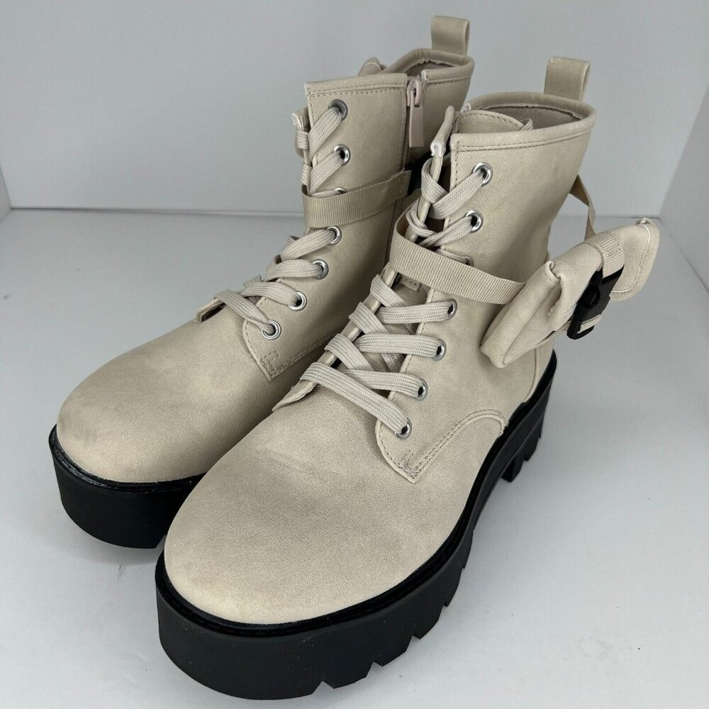SuedeLook Top Womens Cream White Lace Up With Side Pocket Size 8.5 Combat Boots